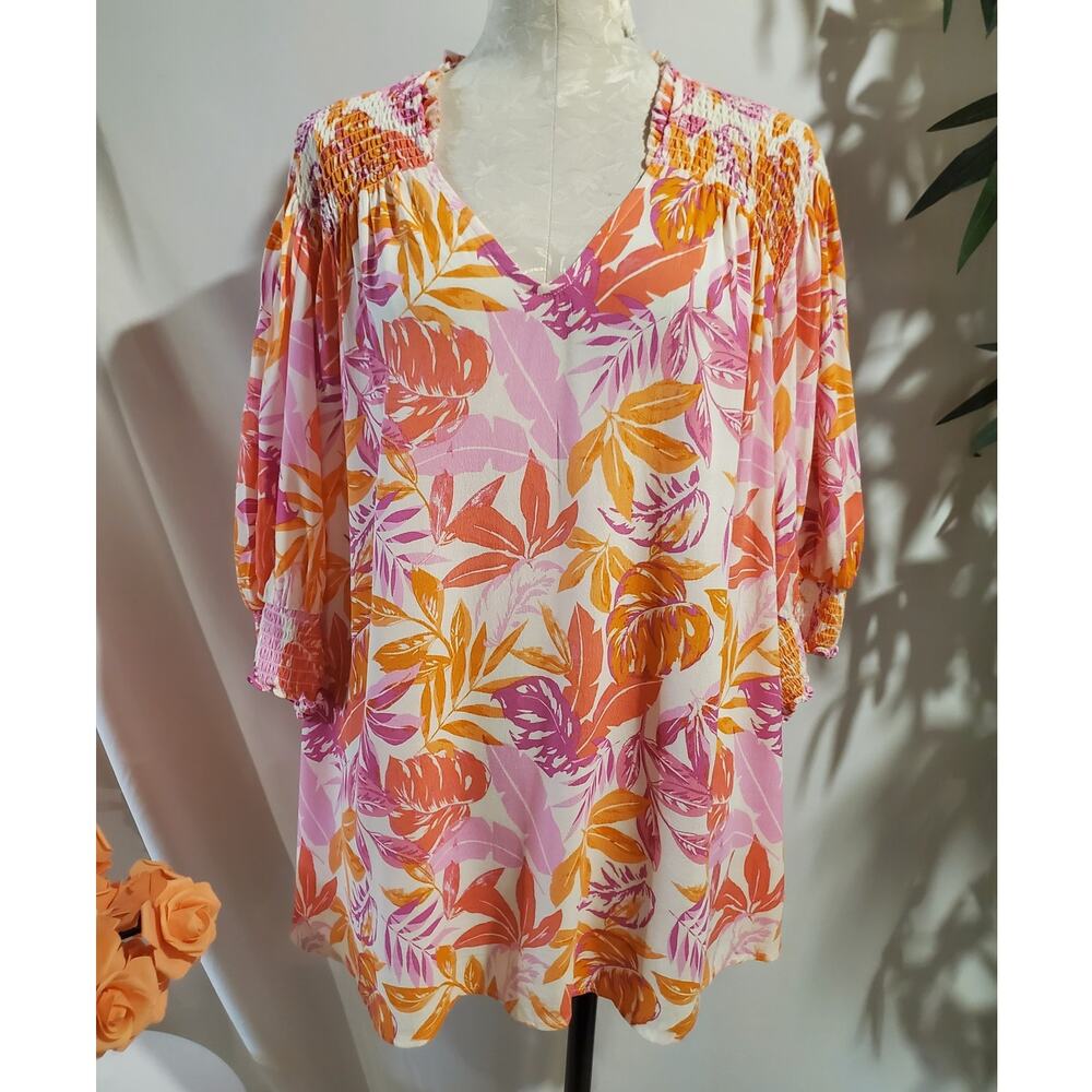 NWT Terra & Sky V-Neck Smock Tropical Floral Top Plus Size 3X Summer Hawaiian